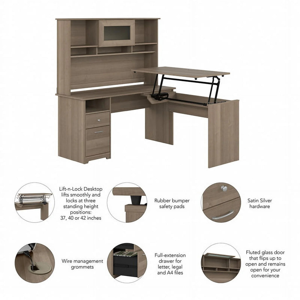 Ash Gray Engineered Wood Sit to Stand L Desk with Hutch O568