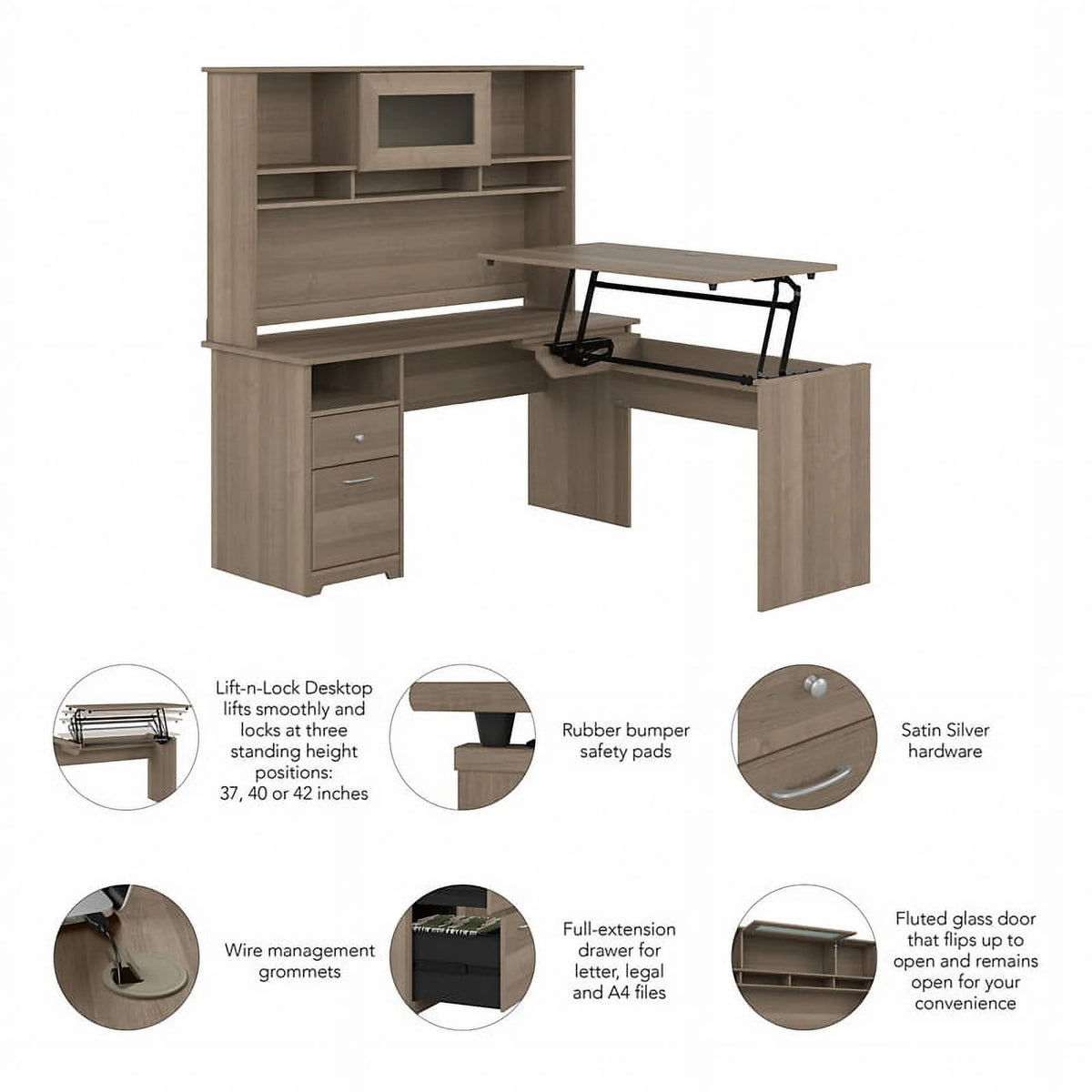 Ash Gray Engineered Wood Sit to Stand L Desk with Hutch O568