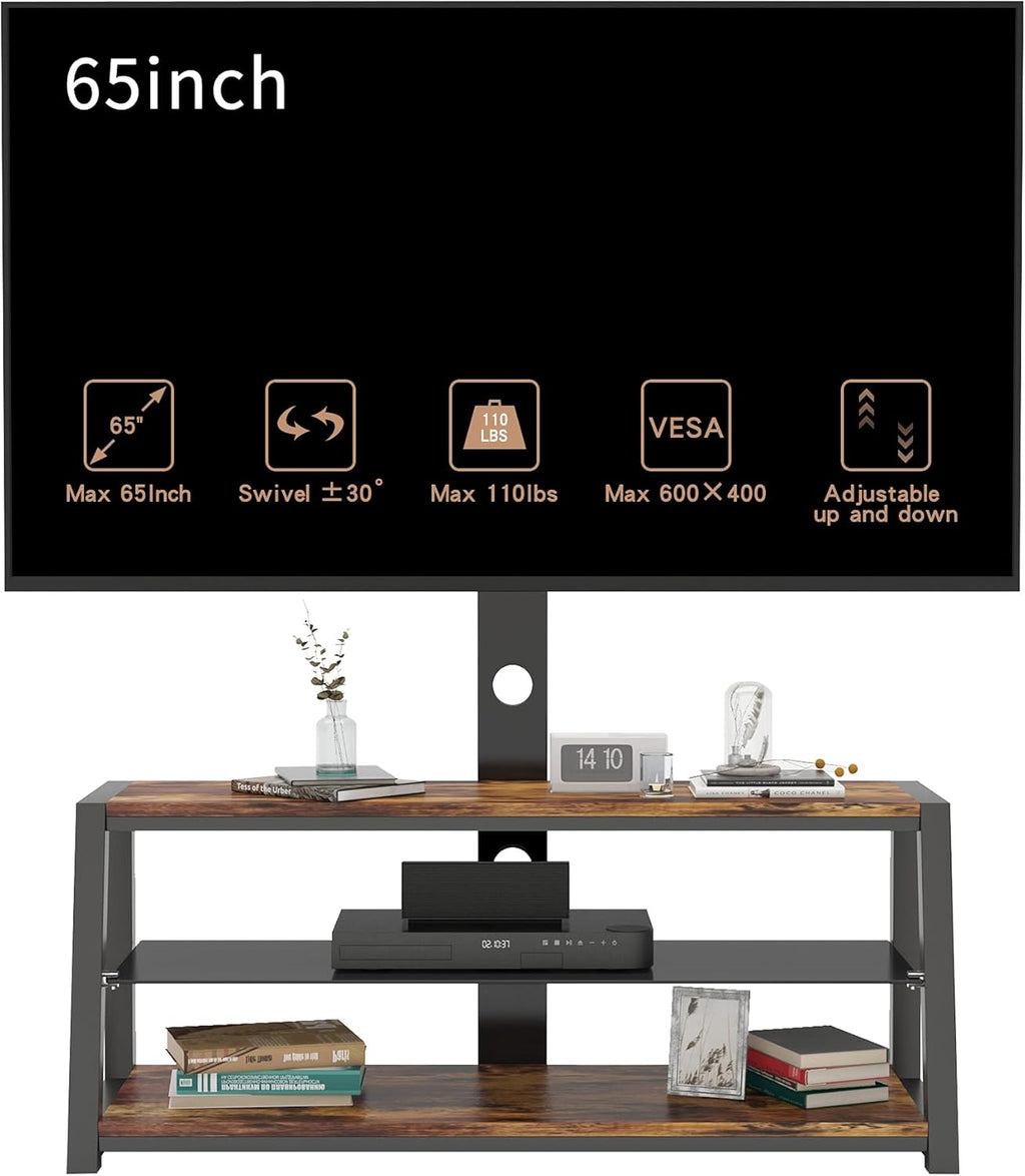 Swivel Floor TV Stand with Adjustable Tempered Wooden Shelves Q615136