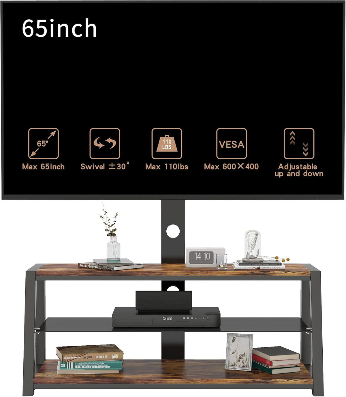 Swivel Floor TV Stand with Adjustable Tempered Wooden Shelves Q615136