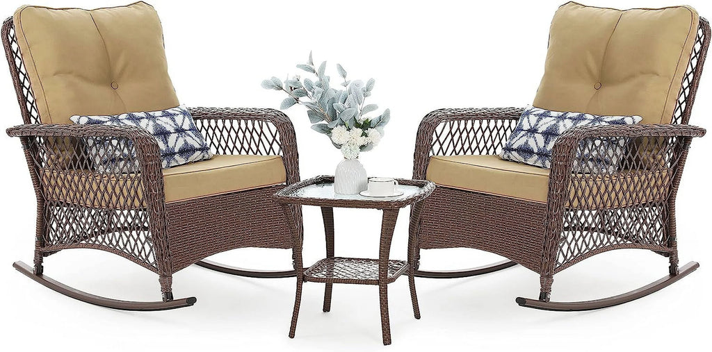 3-Piece Wicker Outdoor Rocking Chairs with Cushions and Table X4297