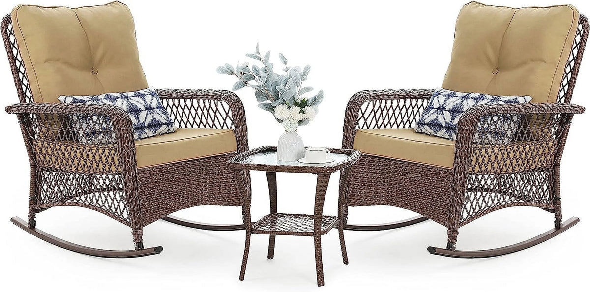 3-Piece Wicker Outdoor Rocking Chairs with Cushions and Table X4297