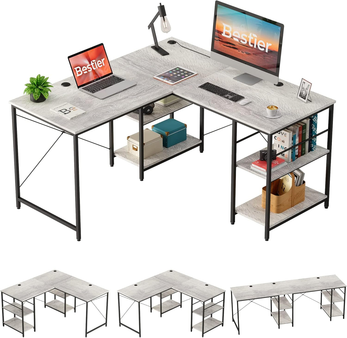 95.2 Inch Reversible L Shaped Desk with Shelves Grey Oak T144