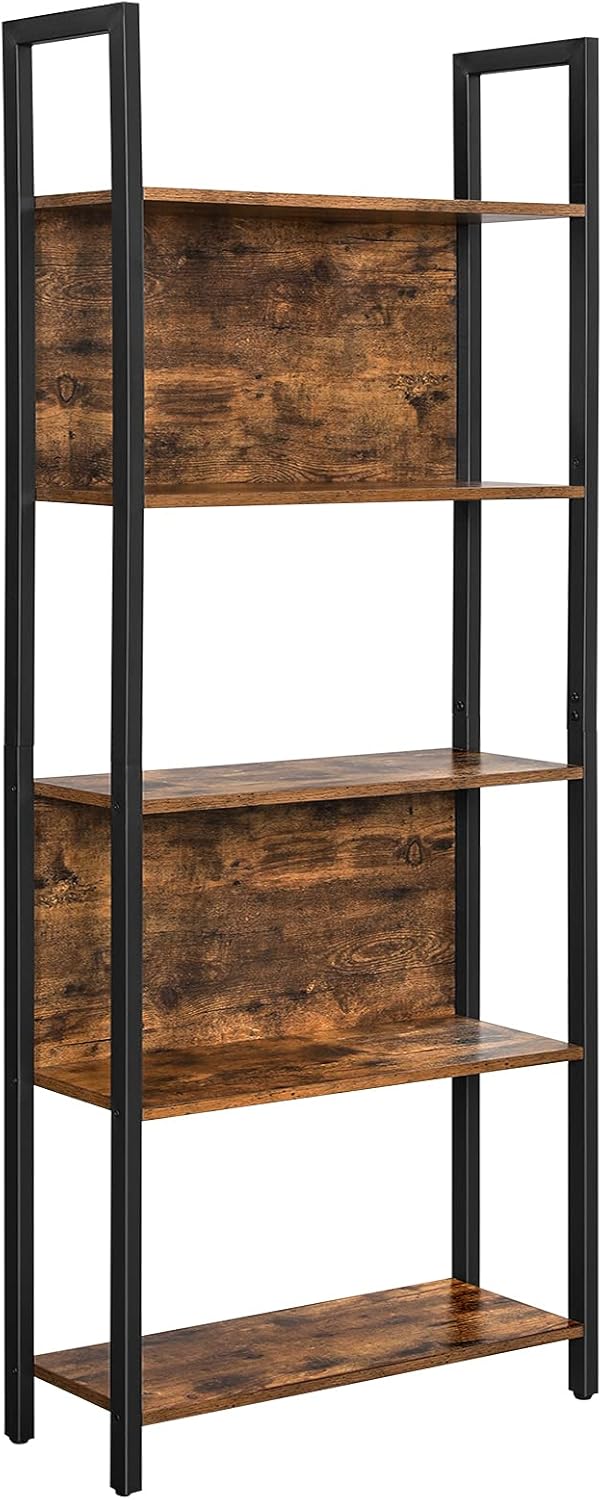 Rustic Brown 5-Tier Steel Frame Bookcase L5301