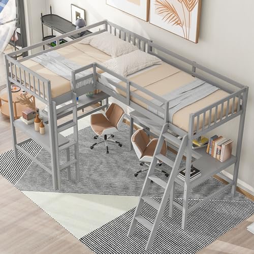 Grey Twin Size L-Shaped Loft Bed with Desk and Guardrails W700