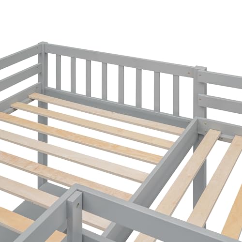 Grey Twin Size L-Shaped Loft Bed with Desk and Guardrails W700