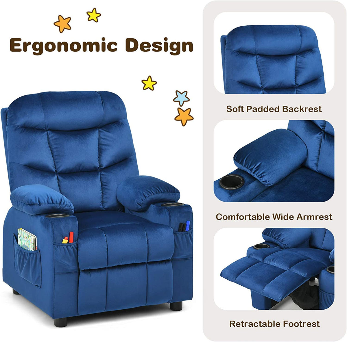 Kids Recliner Chair with Cup Holder Adjustable Velvet Lounge Chair w/Footrest & Side Pockets Ergonomic Toddler Furniture Sofa G45258
