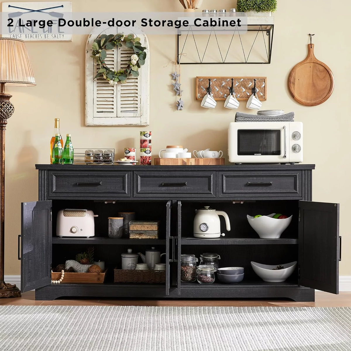 Black 3 Drawer 4 Door Sideboard Storage Cabinet H30966