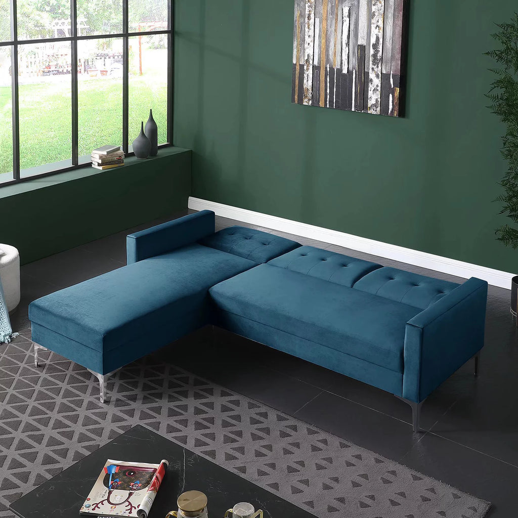Blue Velvet Convertible Sectional Sofa J89601