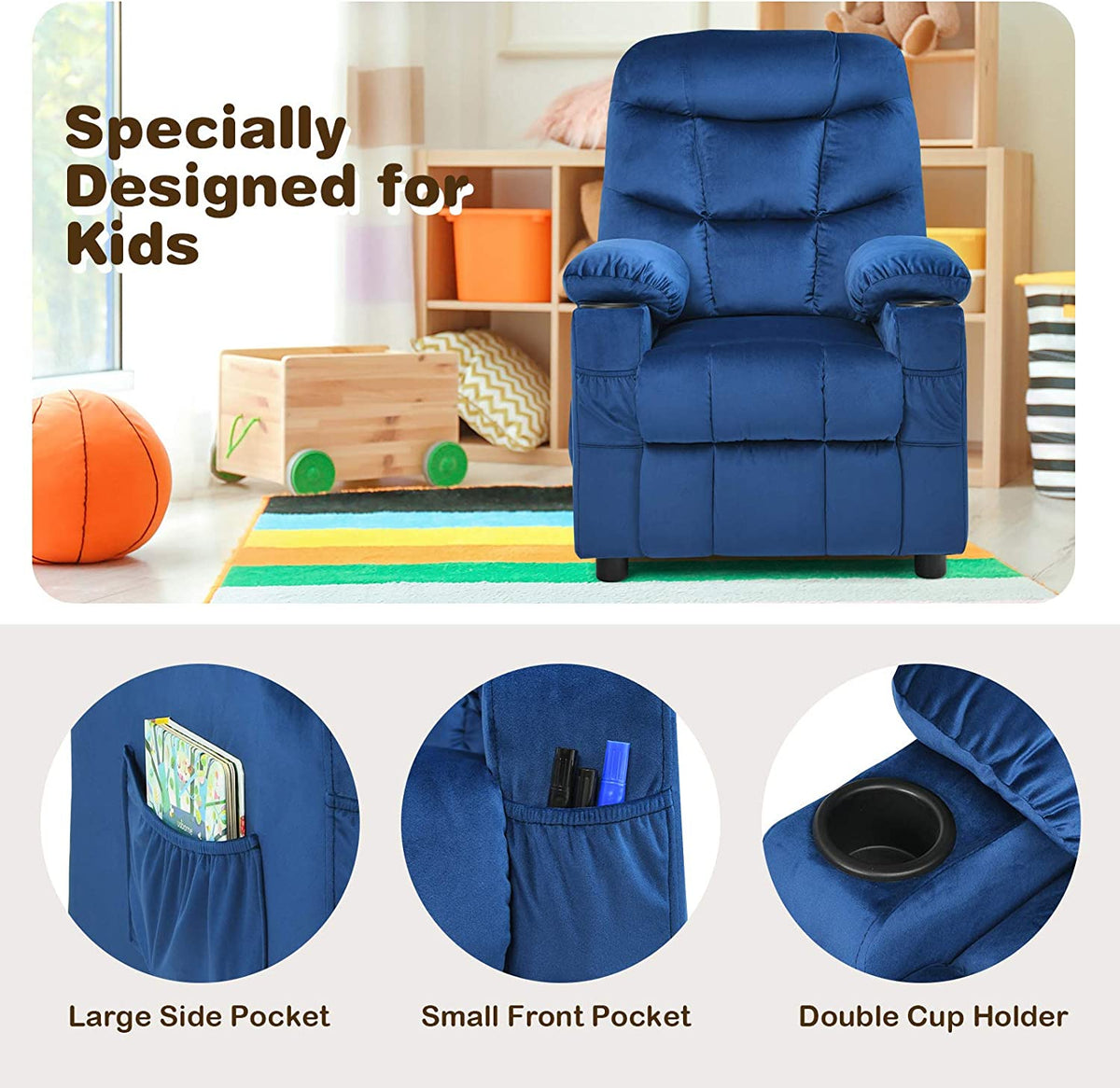 Kids Recliner Chair with Cup Holder Adjustable Velvet Lounge Chair w/Footrest & Side Pockets Ergonomic Toddler Furniture Sofa G45258