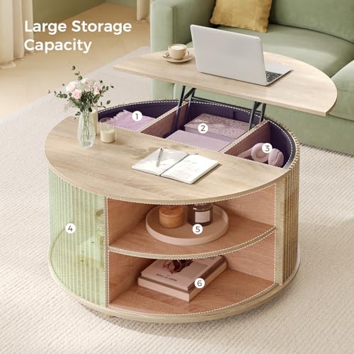 Round Lift Top Coffee Table with Hidden Storage and Open Shelves, Oak S189