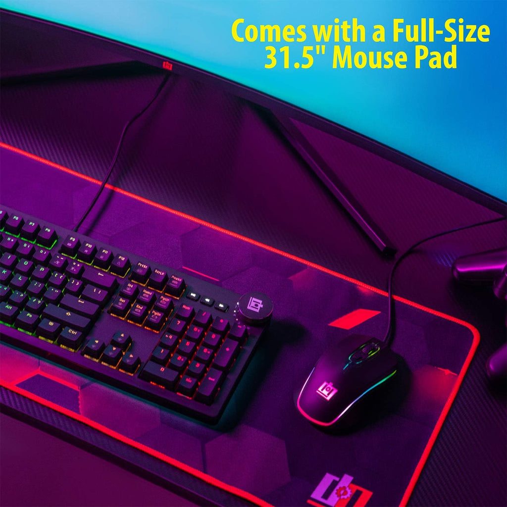 Ultrawide Curved LED Computer Desk, Waterproof Carbon-Fiber Surface, 6-Color RGB Lighting Accents, Cup Holder, 31.5 Mouse Pad Z651