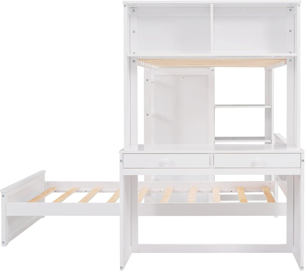 White Twin Wooden Bunk Loft Bed with Shelves Desk and Wardrobe U869721