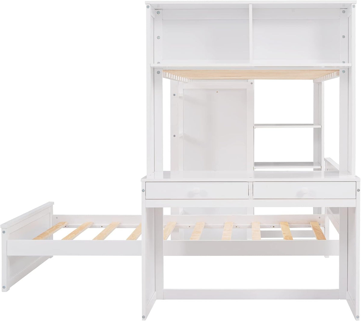 White Twin Wooden Bunk Loft Bed with Shelves Desk and Wardrobe U869721