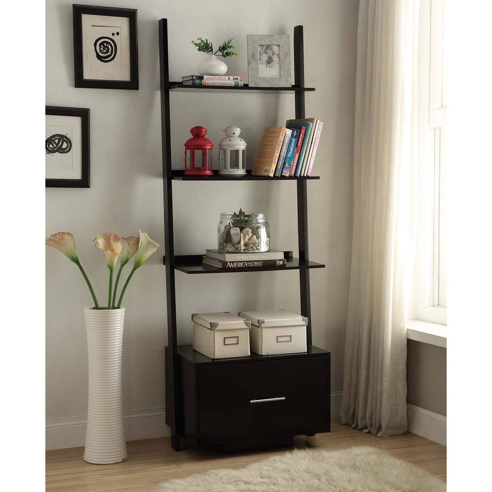 Dark Walnut Ladder Bookcase with File Drawer C12410