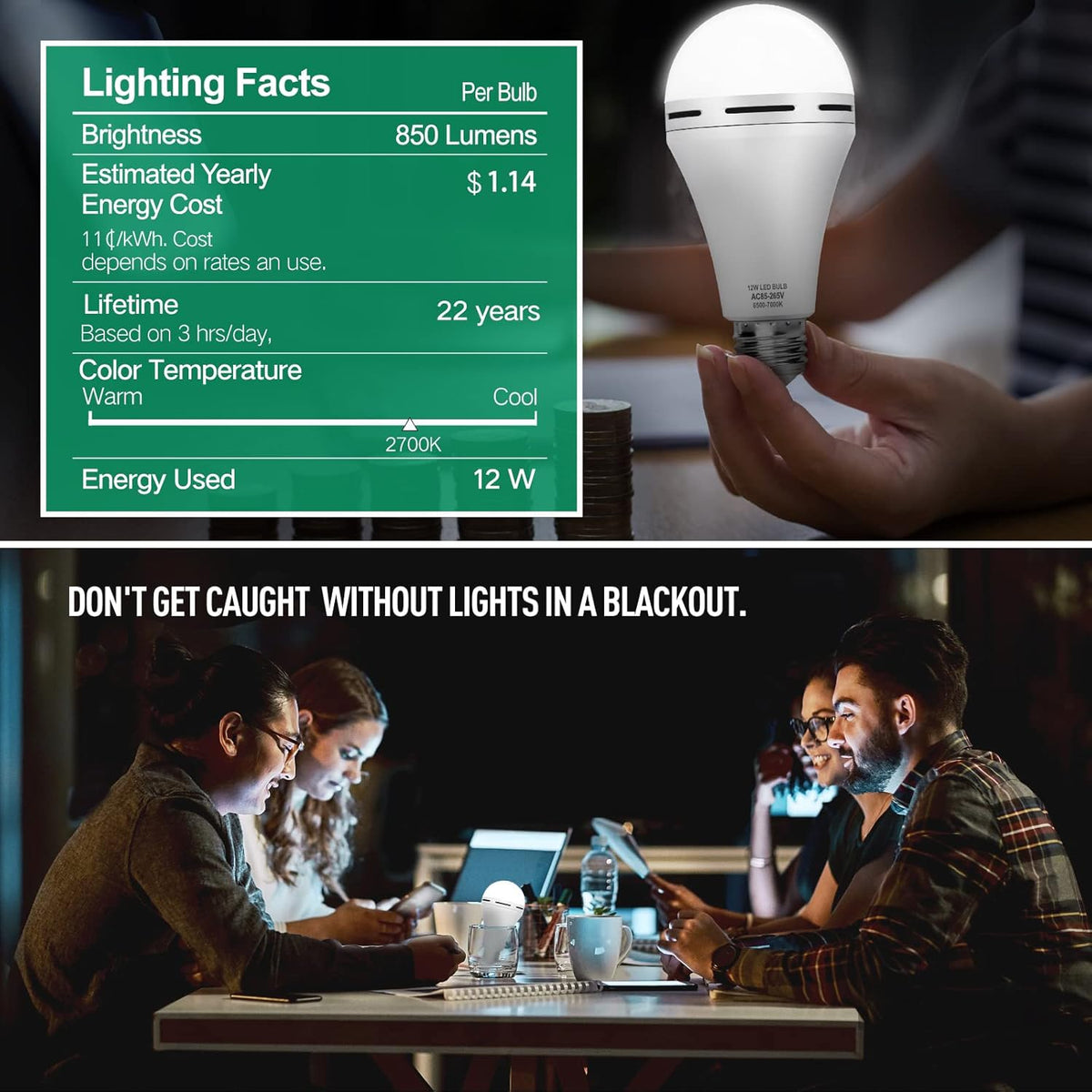 Rechargeable Emergency LED Light Bulb with Hook 1200mAh 12W 10 Pack O288