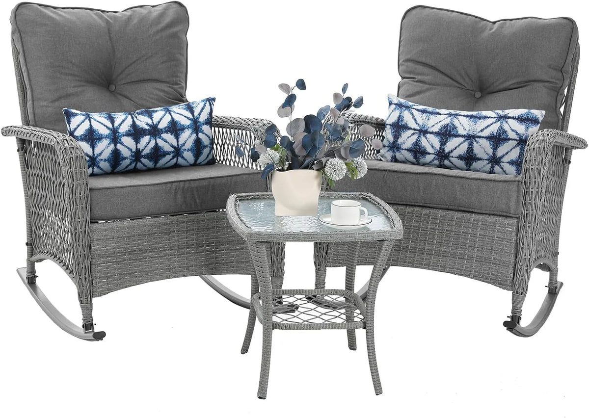 3-Piece Wicker Outdoor Rocking Chairs with Cushions and Table X4297