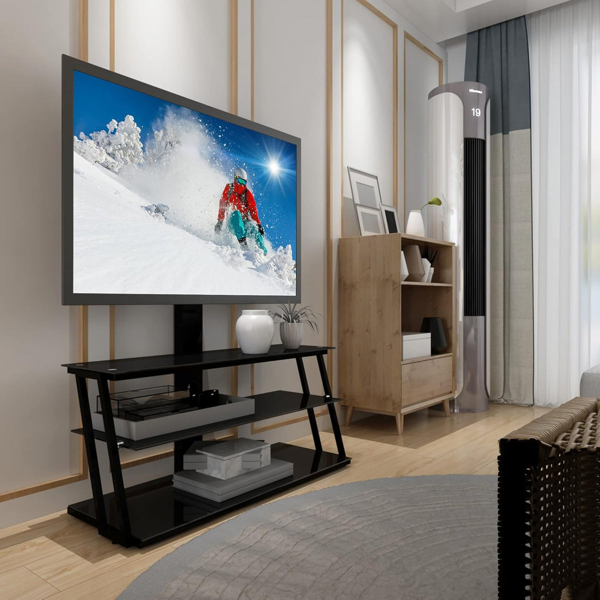 Swivel Floor TV Stand with Adjustable Tempered Wooden Shelves Q615136