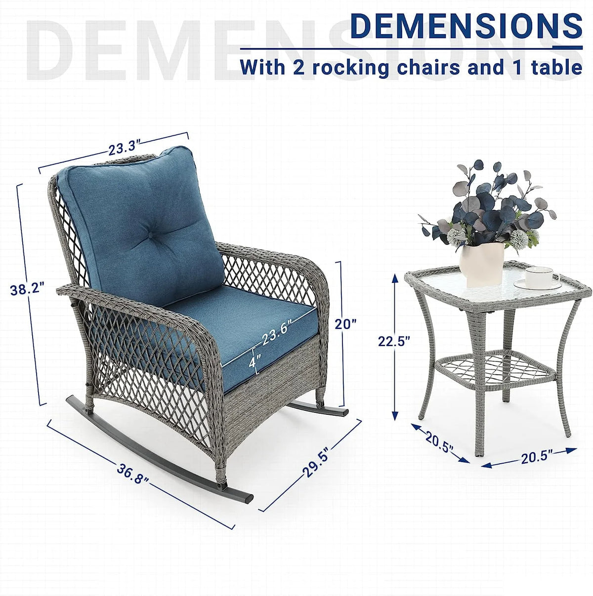 3-Piece Wicker Outdoor Rocking Chairs with Cushions and Table X4297
