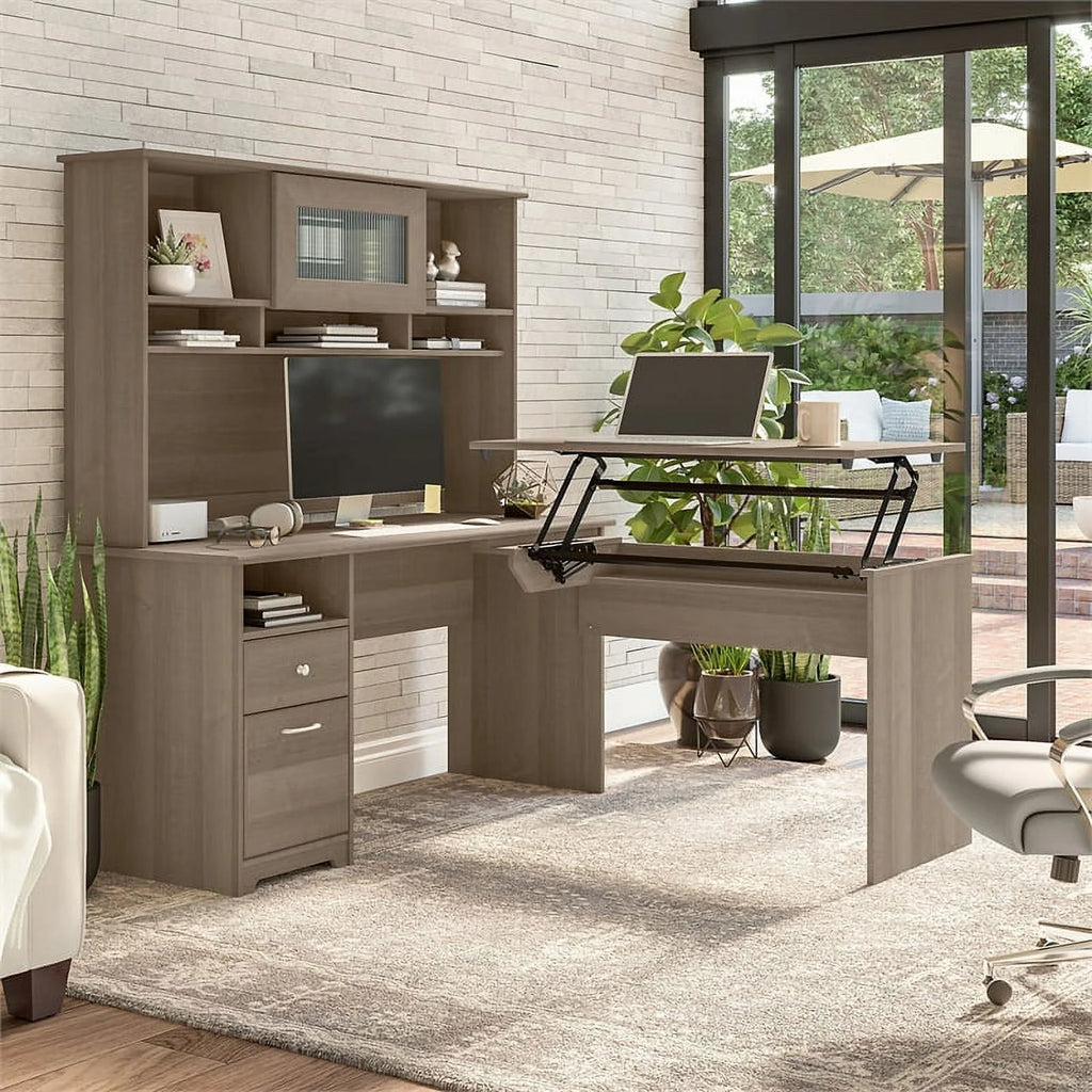 Ash Gray Engineered Wood Sit to Stand L Desk with Hutch O568