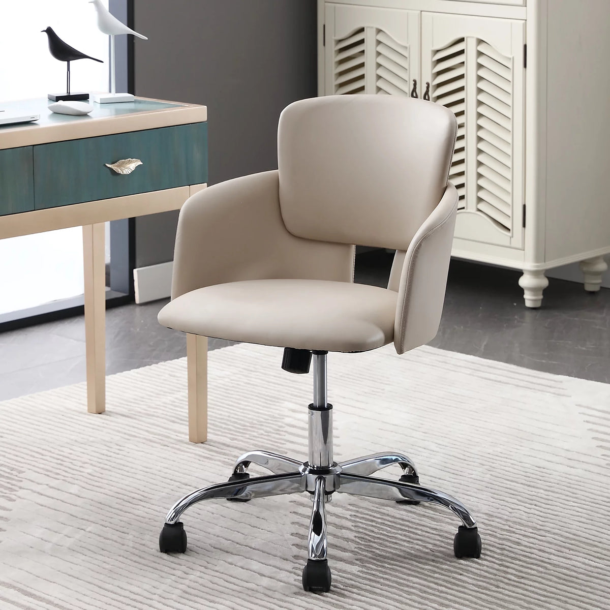 Beige Adjustable Height PU Leather Ergonomic Office Chair V13411