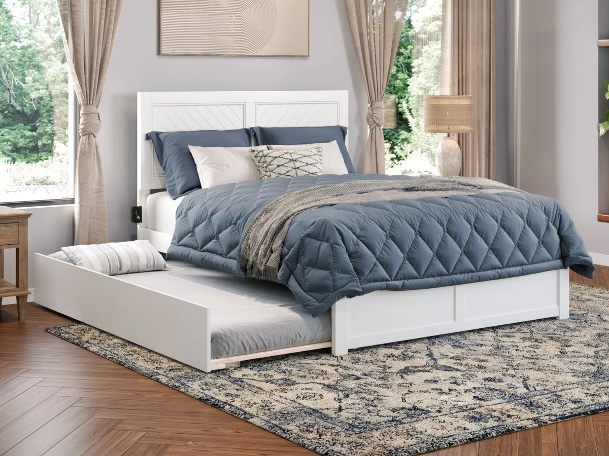 White Solid Wood Platform Bed with Footboard & Twin XL Trundle, Queen K7916