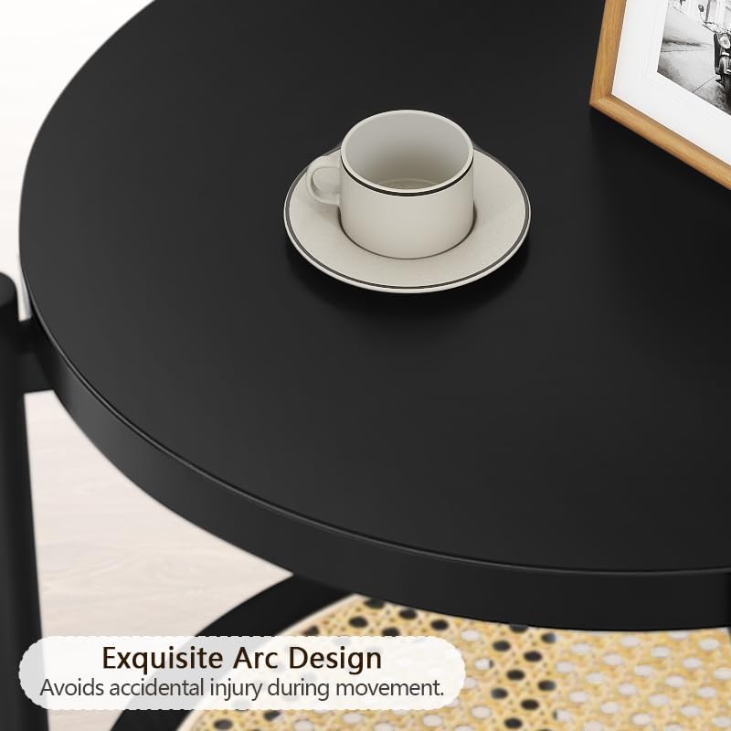 Black Set of 2 Round 2-Tier Side Table with Rattan Storage I90181