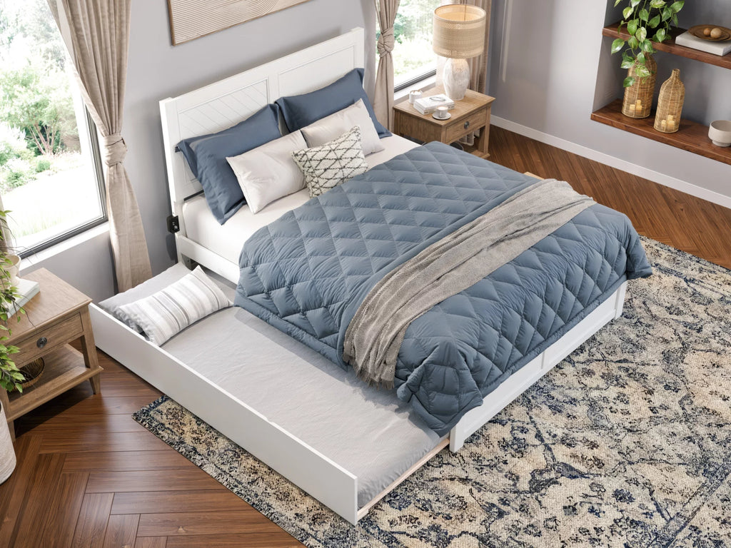 White Solid Wood Platform Bed with Footboard & Twin XL Trundle, Queen K7916