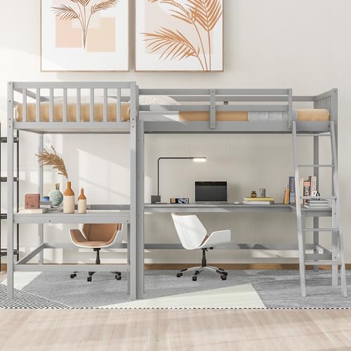 Grey Twin Size L-Shaped Loft Bed with Desk and Guardrails W700