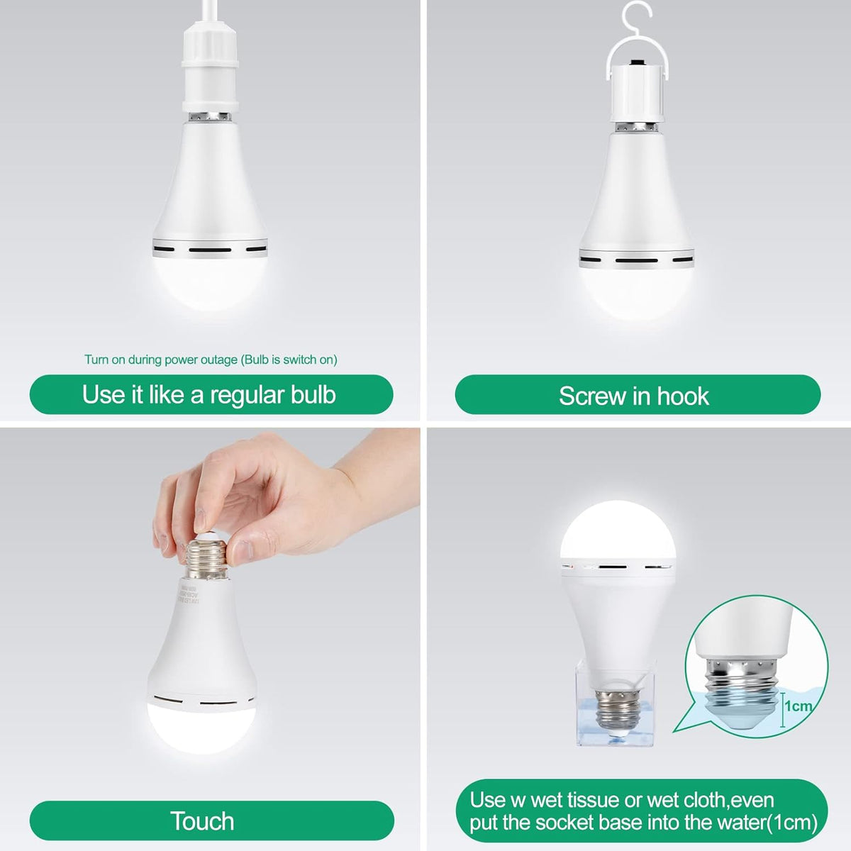 Rechargeable Emergency LED Light Bulb with Hook 1200mAh 12W 10 Pack O288