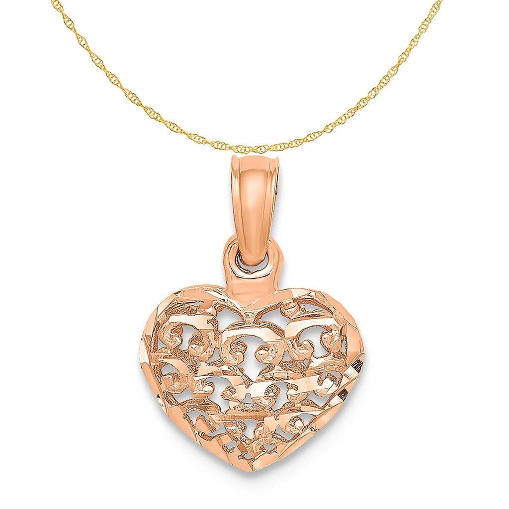 14K Rose Gold Polished Puffed Heart Pendant With 10K Yellow Gold Rope Chain 18" F6761