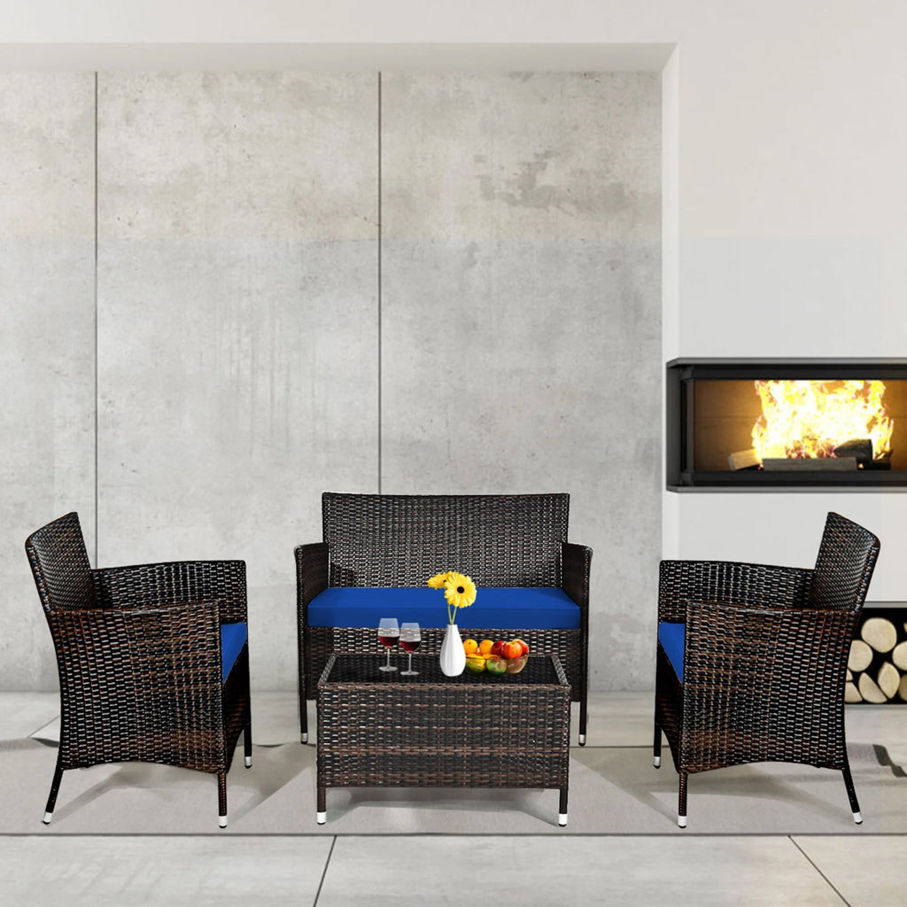 4 Pc Turquoise Cushioned Patio Rattan Conversation Furniture Set Q75417