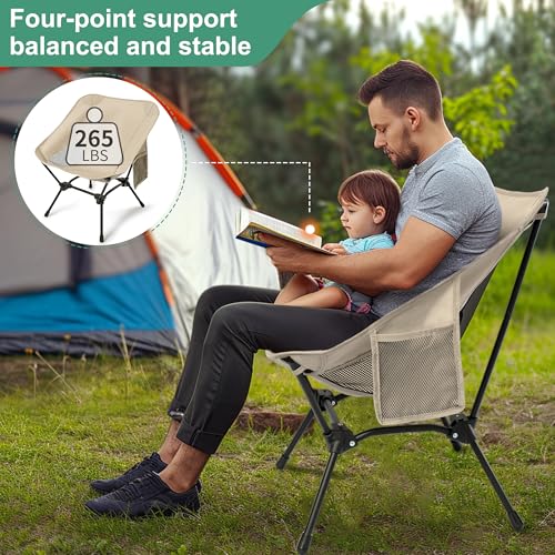 Lightweight Adjustable Folding Camping Chairs with Carry Bag and Side Pockets (Khaki) X3839
