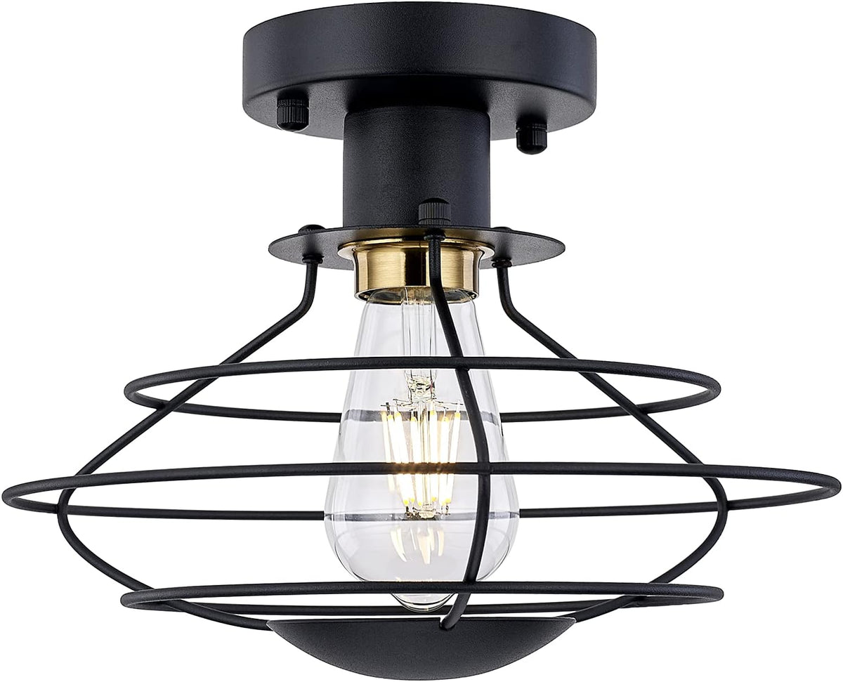 Industrial Semi Flush Mount Ceiling Light, 11 Inch Metal Black Cage O6734