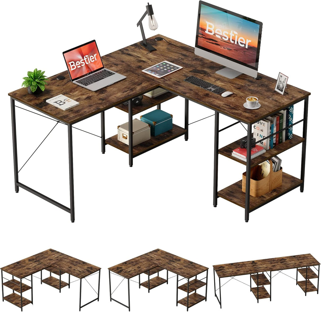 95.2 Inch Reversible L Shaped Desk with Shelves Grey Oak T144