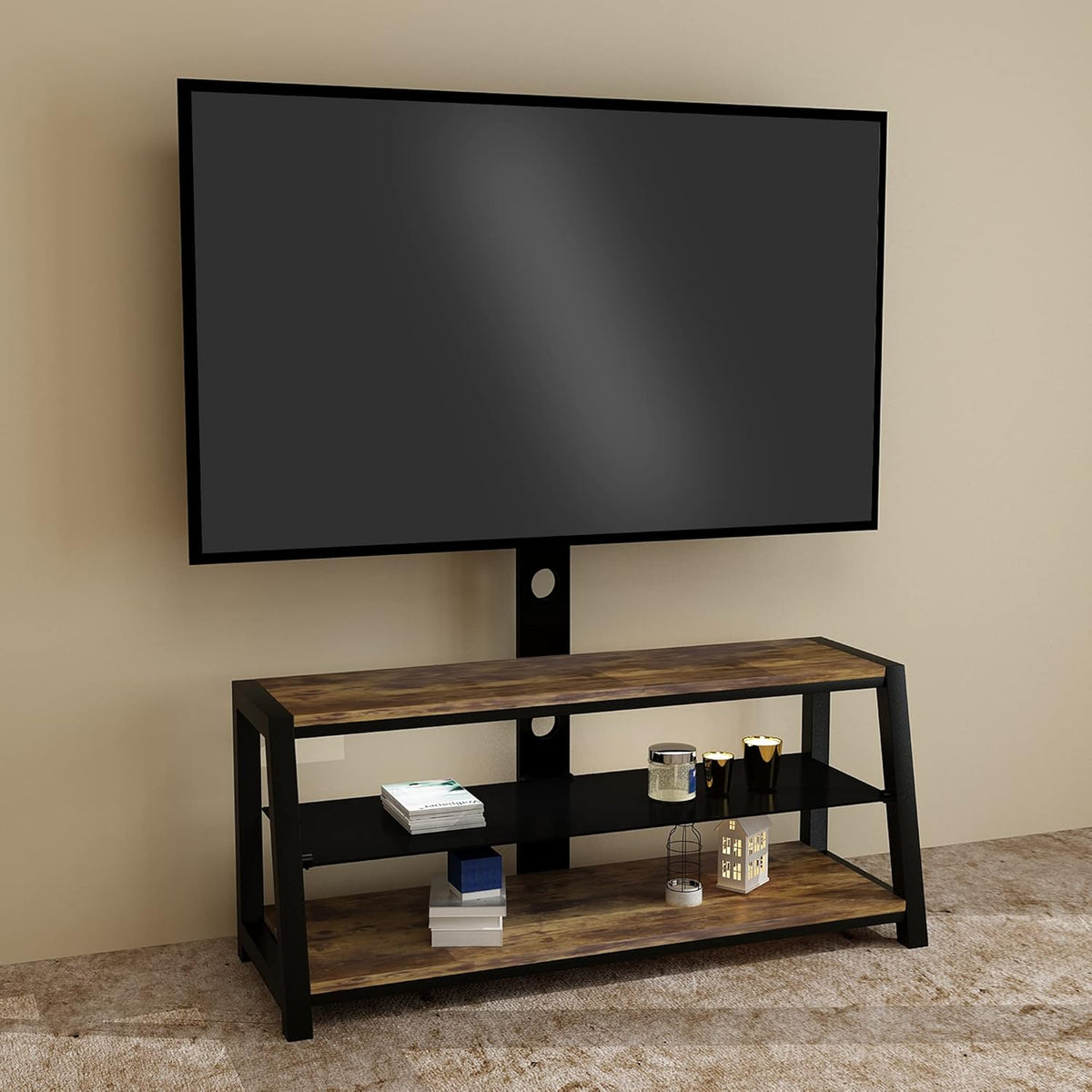 Swivel Floor TV Stand with Adjustable Tempered Wooden Shelves Q615136