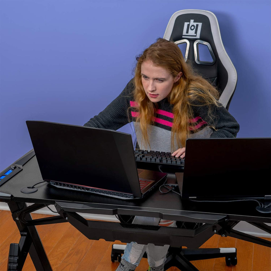 Ultrawide Curved LED Computer Desk, Waterproof Carbon-Fiber Surface, 6-Color RGB Lighting Accents, Cup Holder, 31.5 Mouse Pad Z651