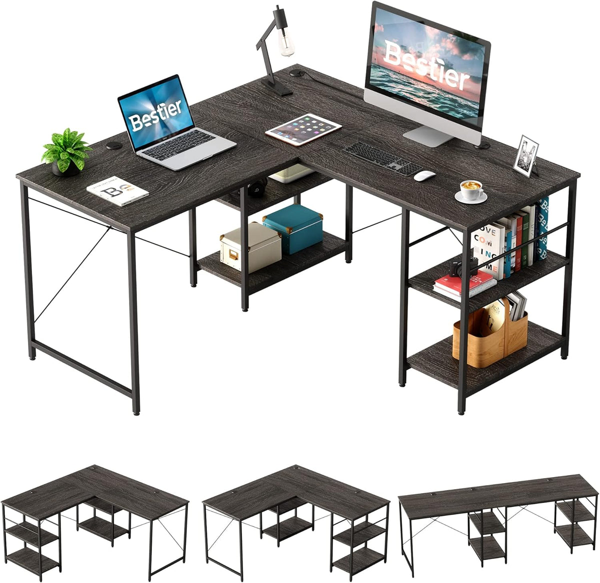 95.2 Inch Reversible L Shaped Desk with Shelves Grey Oak T144
