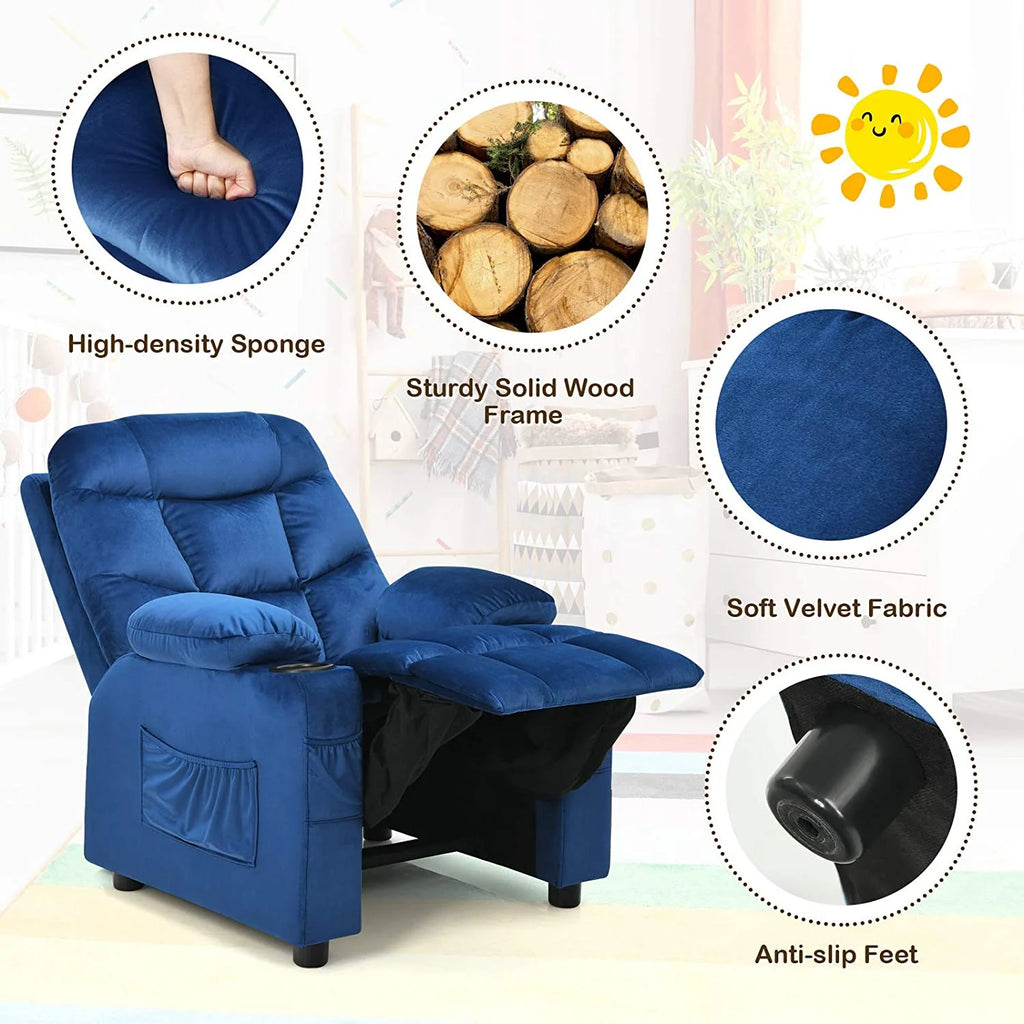 Kids Recliner Chair with Cup Holder Adjustable Velvet Lounge Chair w/Footrest & Side Pockets Ergonomic Toddler Furniture Sofa G45258