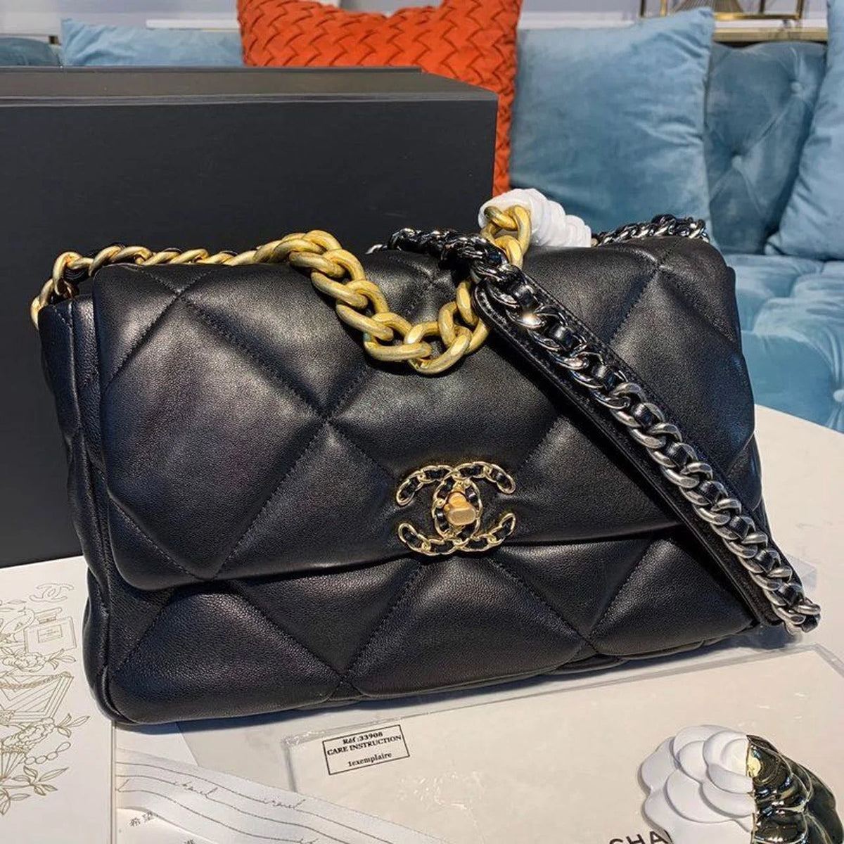 Black Goatskin Leather Flap Bag H414