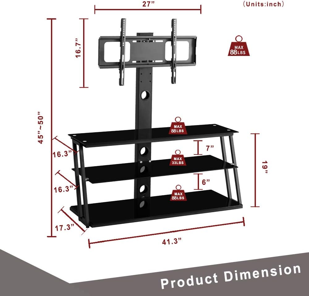 Swivel Floor TV Stand with Adjustable Tempered Wooden Shelves Q615136
