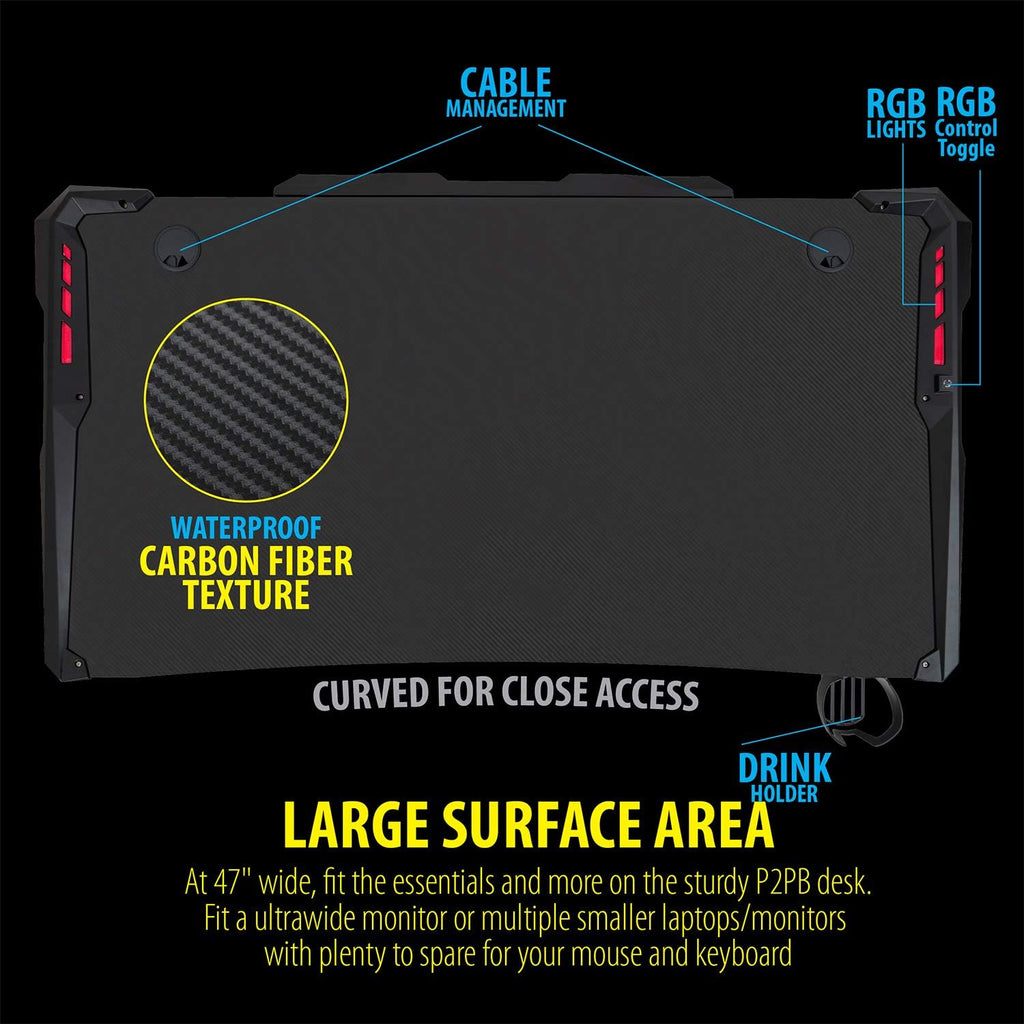 Ultrawide Curved LED Computer Desk, Waterproof Carbon-Fiber Surface, 6-Color RGB Lighting Accents, Cup Holder, 31.5 Mouse Pad Z651