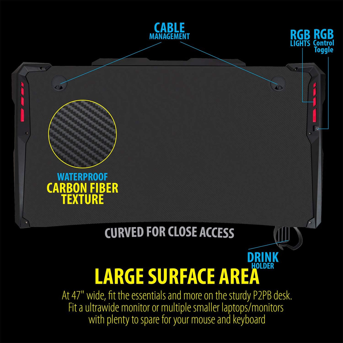 Ultrawide Curved LED Computer Desk, Waterproof Carbon-Fiber Surface, 6-Color RGB Lighting Accents, Cup Holder, 31.5 Mouse Pad Z651