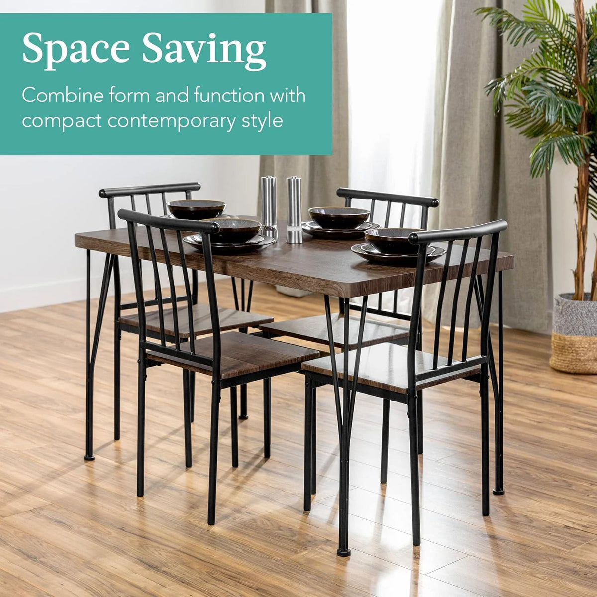 5-Piece Metal and Wood Rectangular Dining Table Set with 4 Chairs O96838