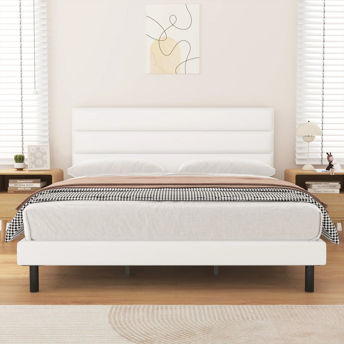 King Size Platform Bed with Wingback Fabric Upholstered Headboard Y76739
