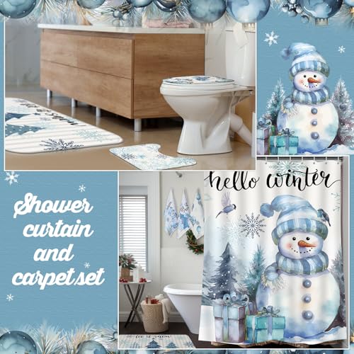 7 Pcs Christmas Shower Curtain Set Non Slip Waterproof Bathroom Accessories B3284