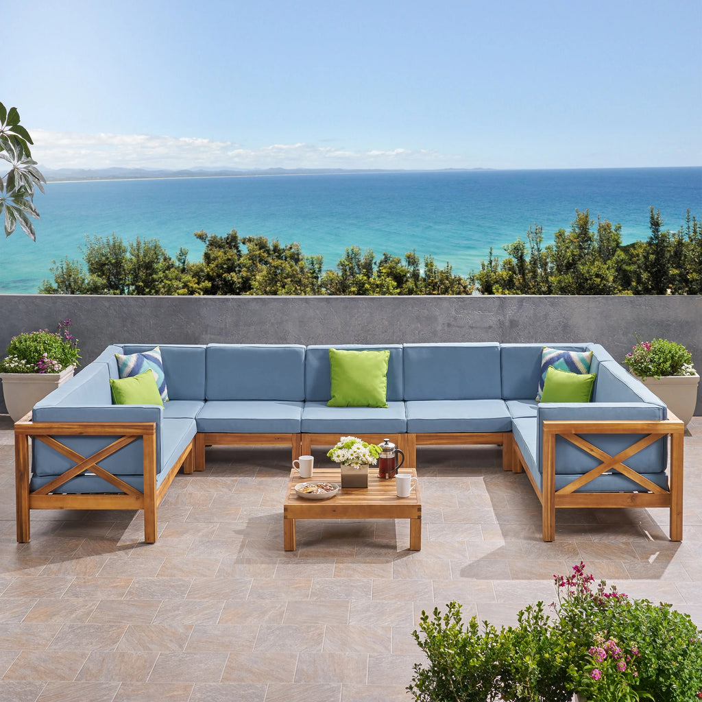 Blue Teak Finish Acacia Wood Sectional Sofa Set R8485