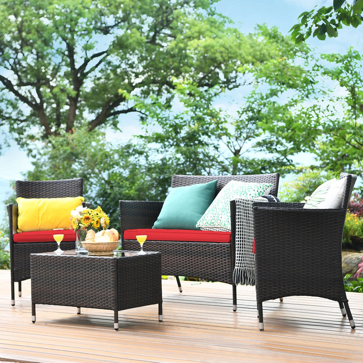 4 Pc Turquoise Cushioned Patio Rattan Conversation Furniture Set Q75417