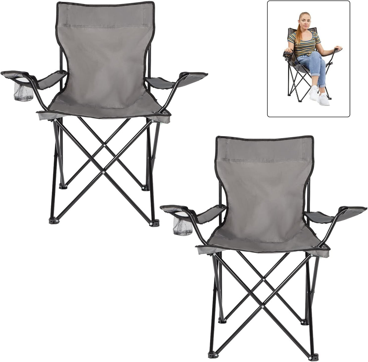 Grey 2 Pack Outdoor Folding Chair with Carry Storage Bag T7057