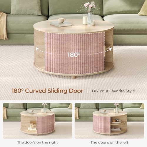 Round Lift Top Coffee Table with Hidden Storage and Open Shelves, Oak S189